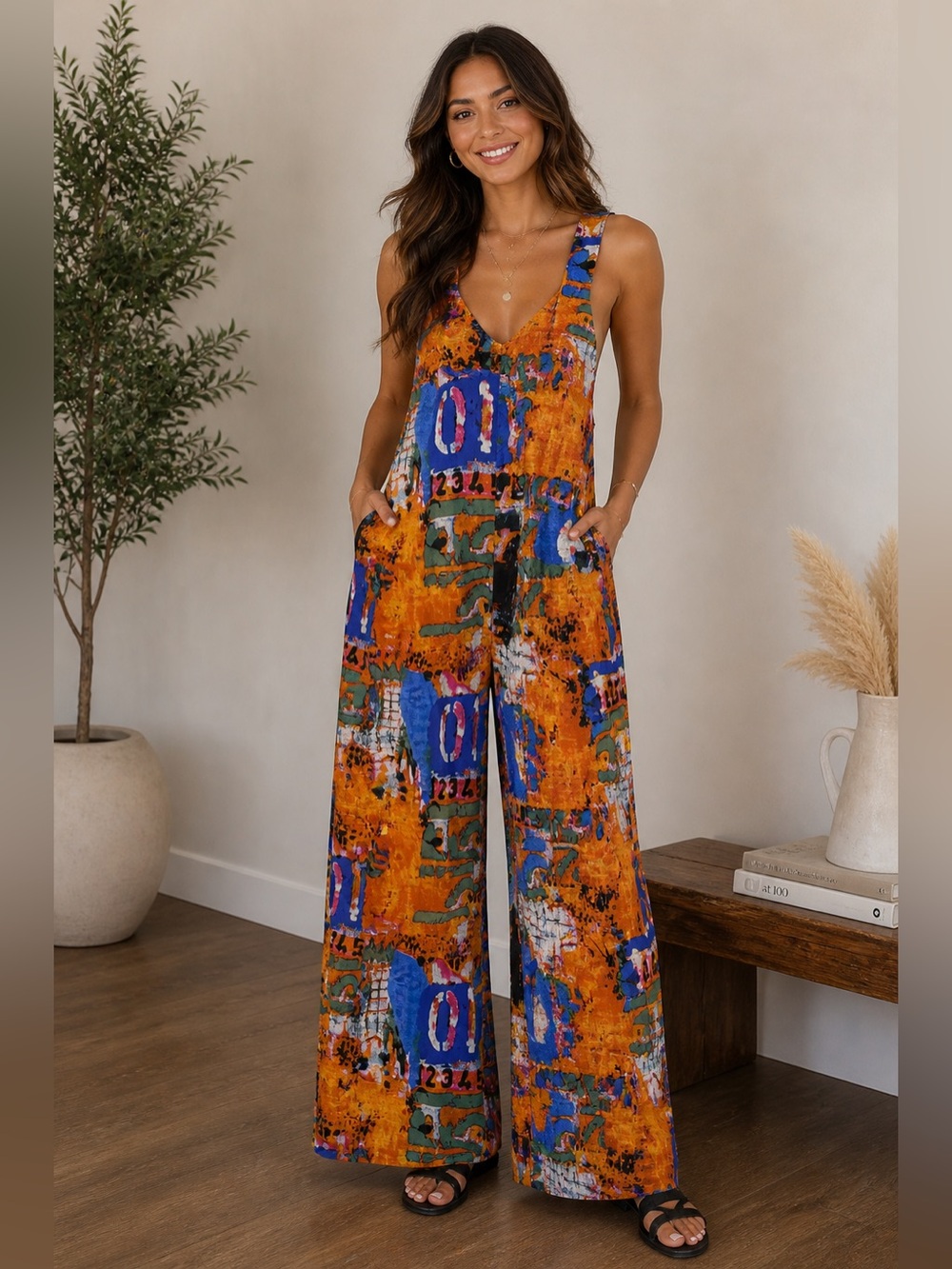 Abstract Print Wide-Leg Jumpsuit in Orange and Blue